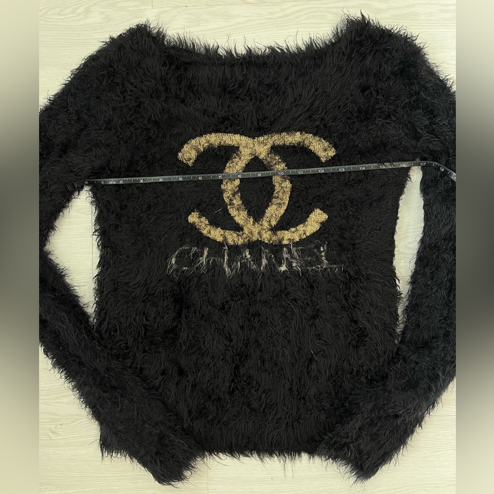 CHANEL Black Fuzzy Off the shoulder Sweater with Gold Emblem - Picture 6 of 8